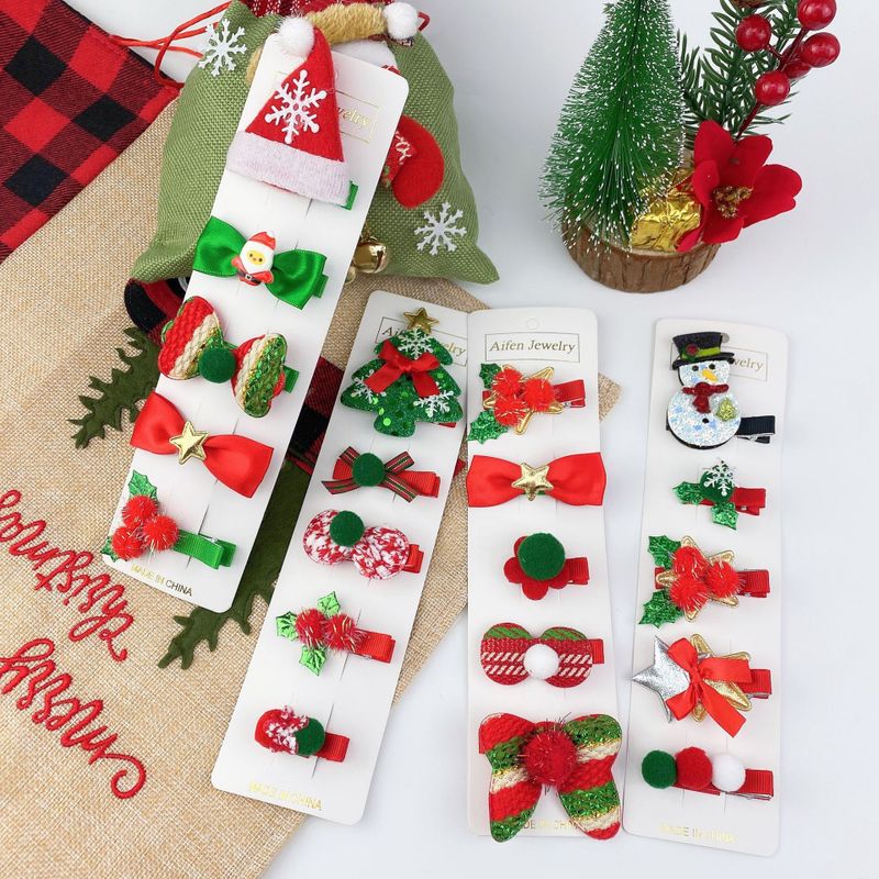 Cute Christmas Snowman Bow Tree Hairpin 5 Piece Set