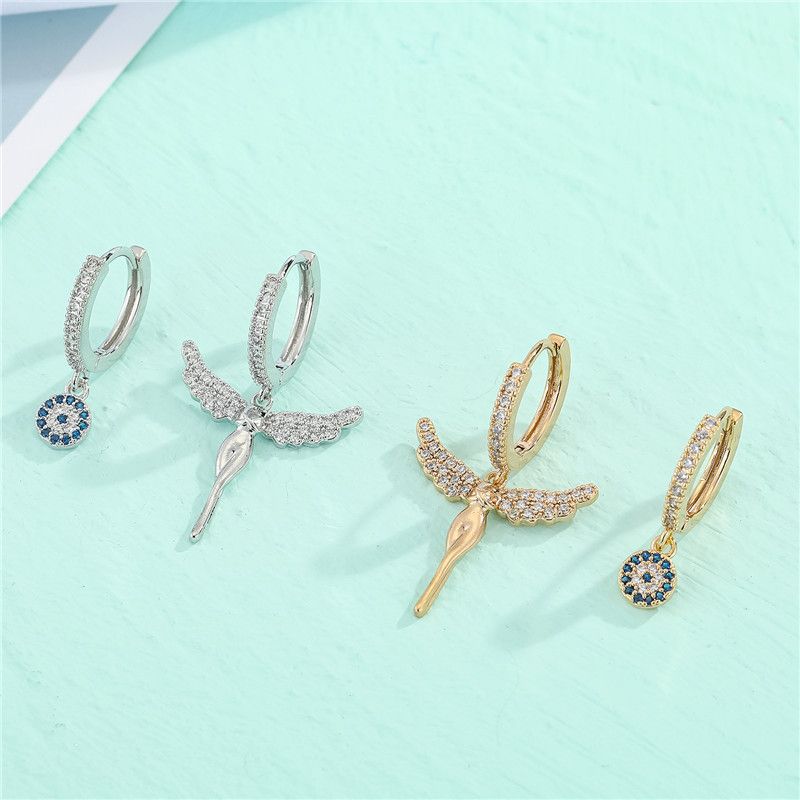Asymmetric Diamond-studded Sun Angel Wings Copper Micro-inlaid Zircon Earrings