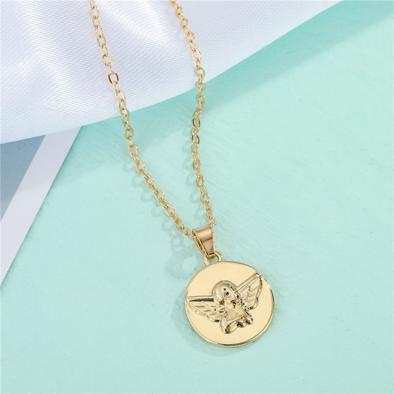 Korea Creative Cute Alloy Round Carved Angel Pendant Necklace