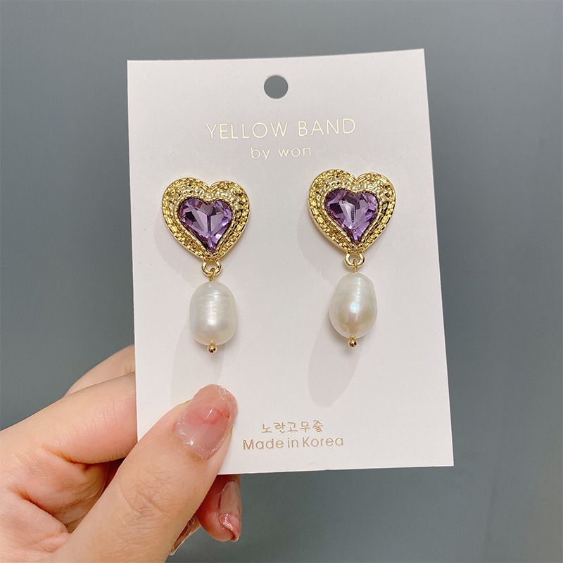 Purple Diamond Heart Pearl Earrings