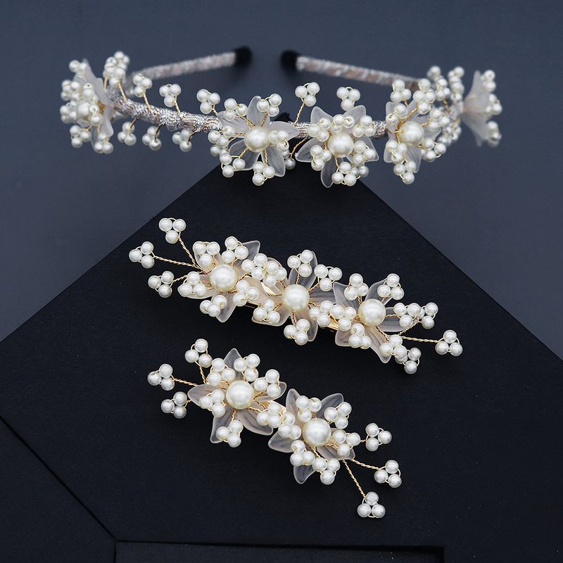 Bridal White Veil Flowers Pearl Headband
