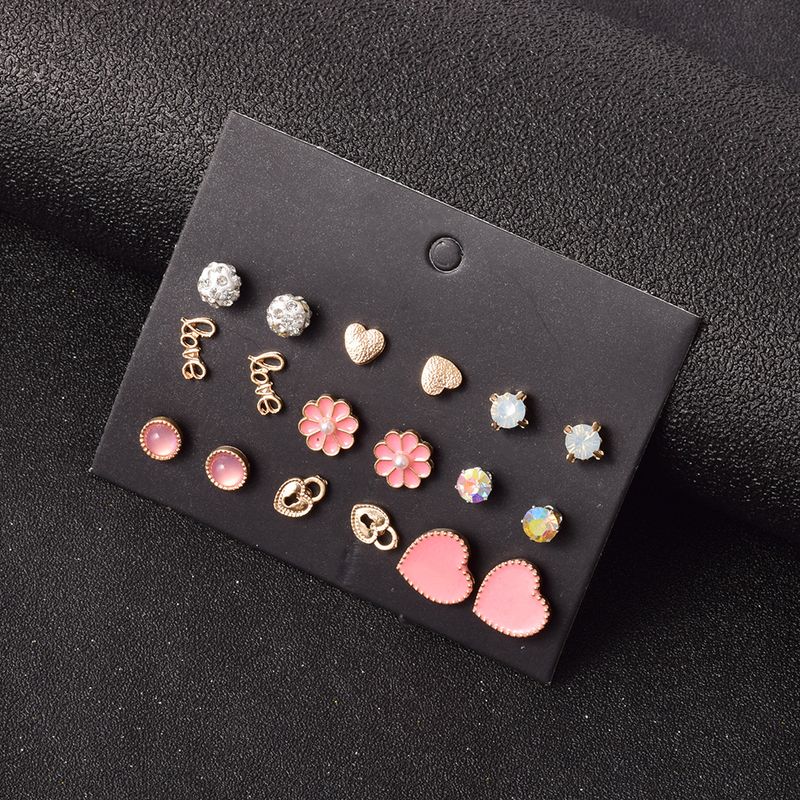 Alloy Pink Peach Heart Diamond 9 Pairs Set Earrings
