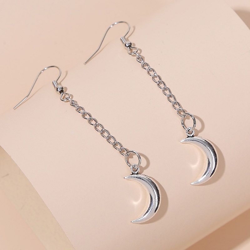 Simple Long Silver Chain Moon Earrings