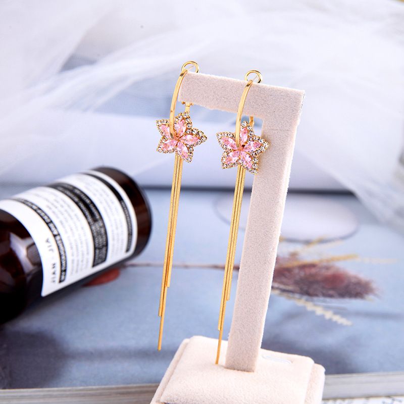 S925 Silver Needle Flower Star Diamond Tassel Earrings