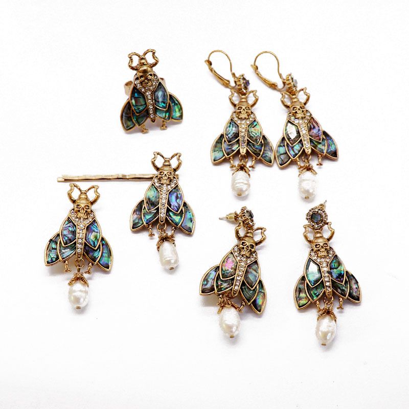 Blue Green Symphony Insect Shape Silver Needle Earring