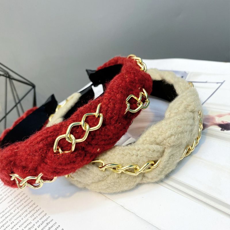 Woolen Yarn Twist Braid Woven Wide  Alloy Chain Trend Headband