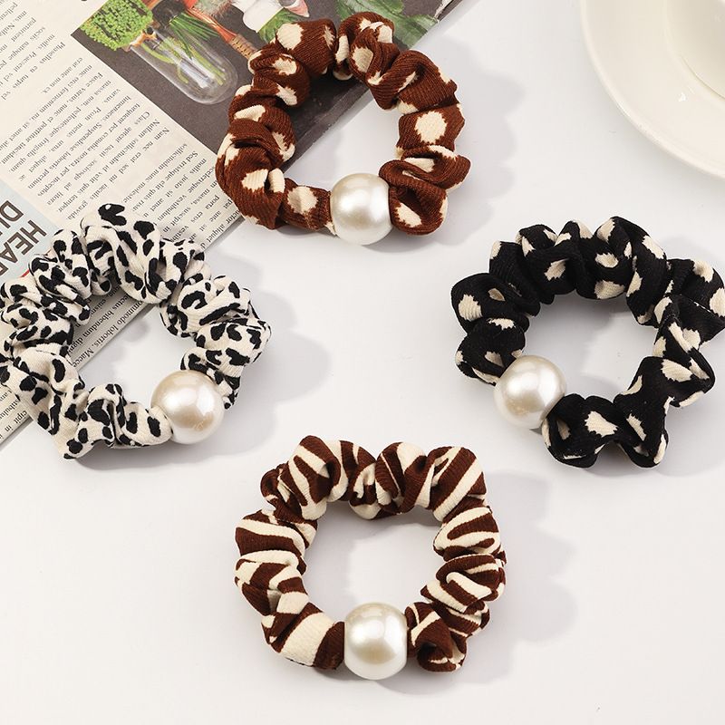 Korean Striped Pearl  Leopard Print Hair Scrunchies