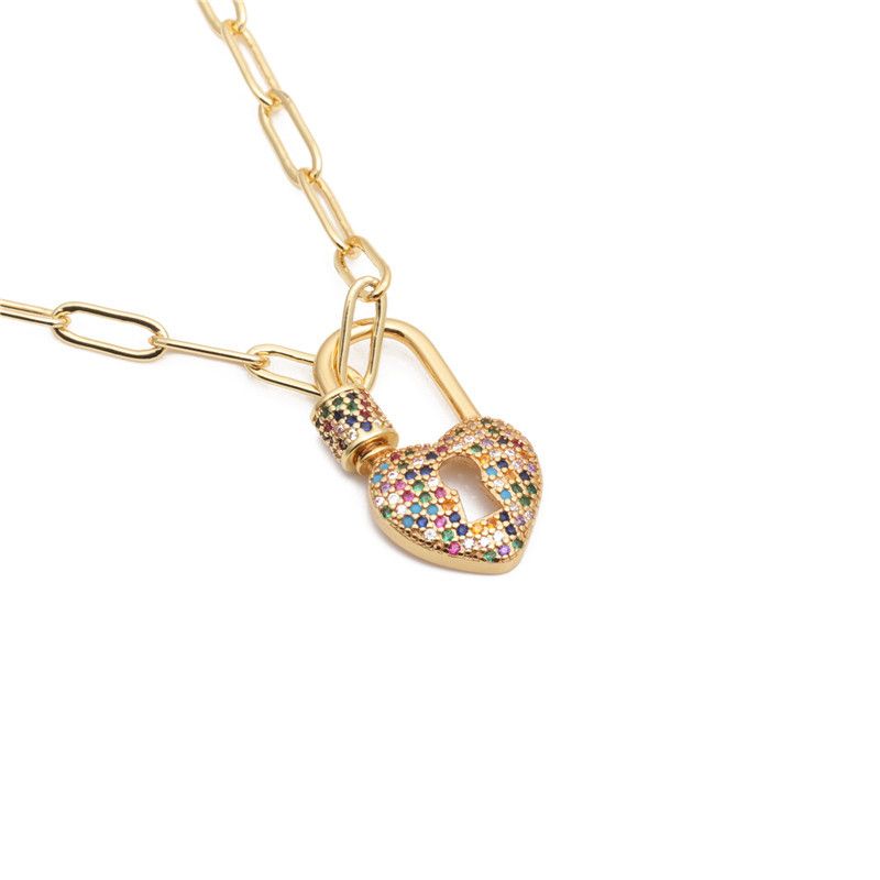 Hip-hop Colorful Zirconium Heart Lock Necklace