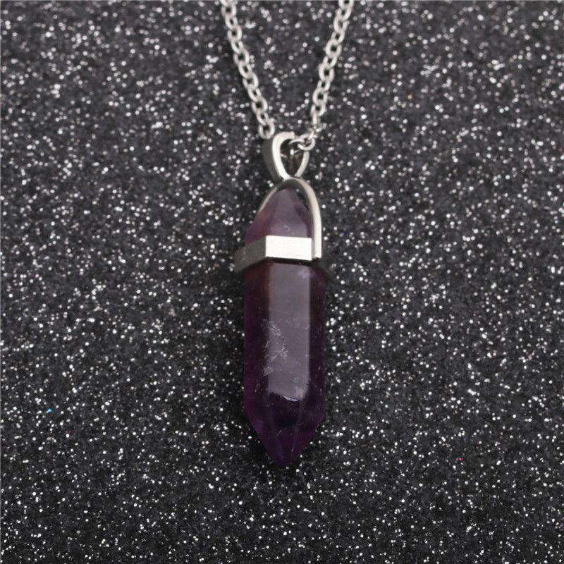 Stainless Steel Amethyst Hexagonal Column Pendant Necklace