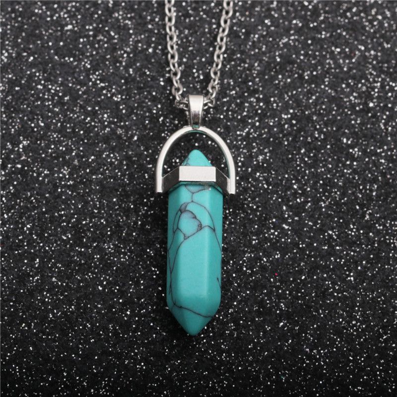 Fashion Stainless Steel Chain Turquoise Hexagonal Column Pendant Necklace