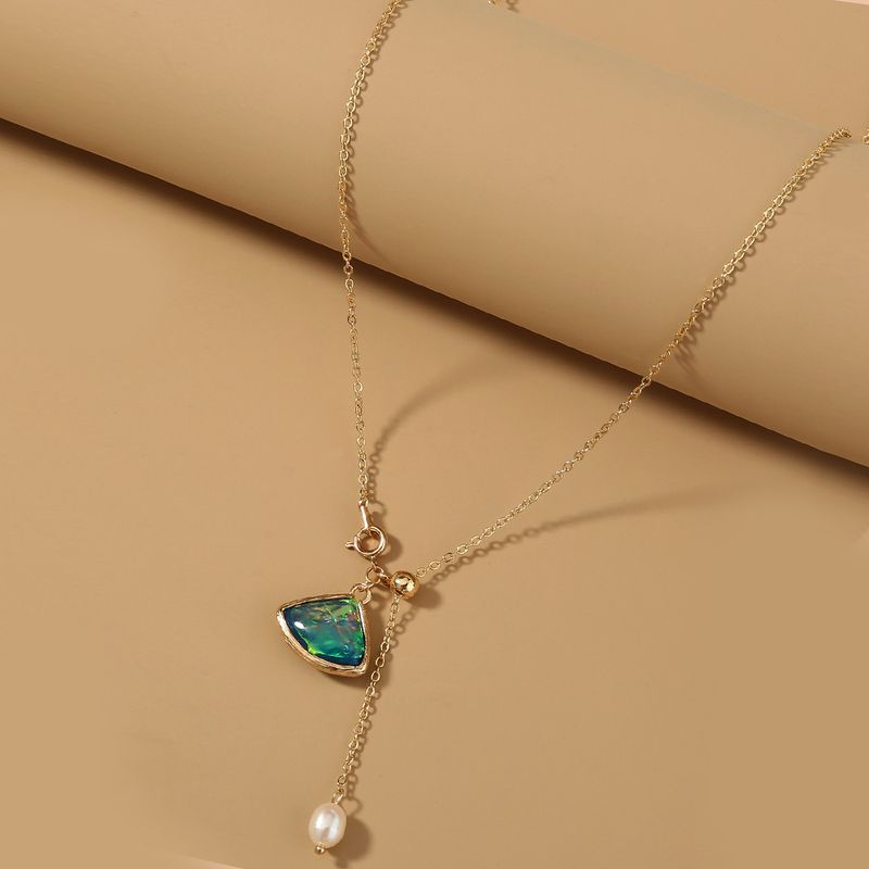 Natural Freshwater Pearl Triangle Green Glass Long  Gold  Necklace