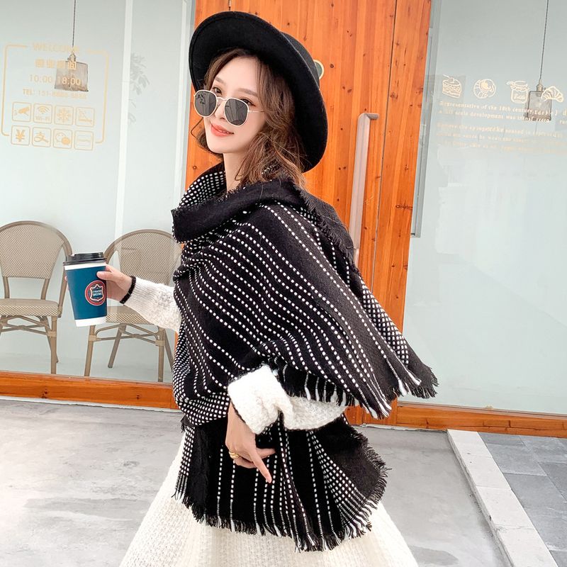 Dotted Striped Tassel Thickened Scarf