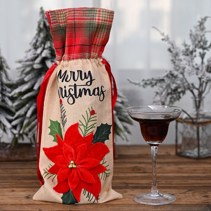 Christmas Ornaments Red Flower Linen Wine Bottle Bag