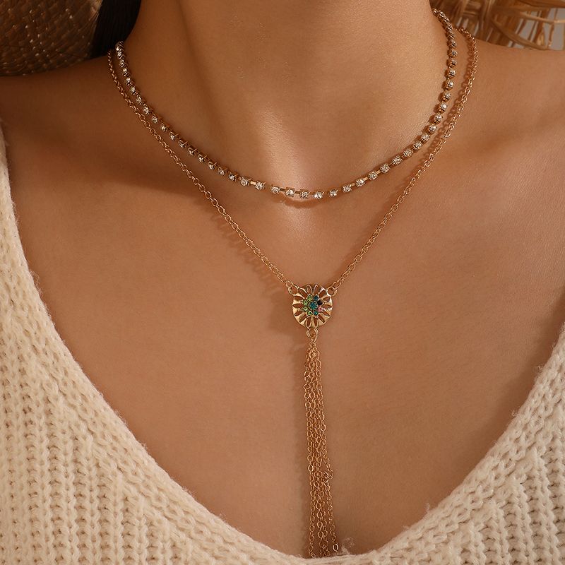 Bohemian Hollow Flower Tassel Alloy Colorful Diamond Chain Necklace