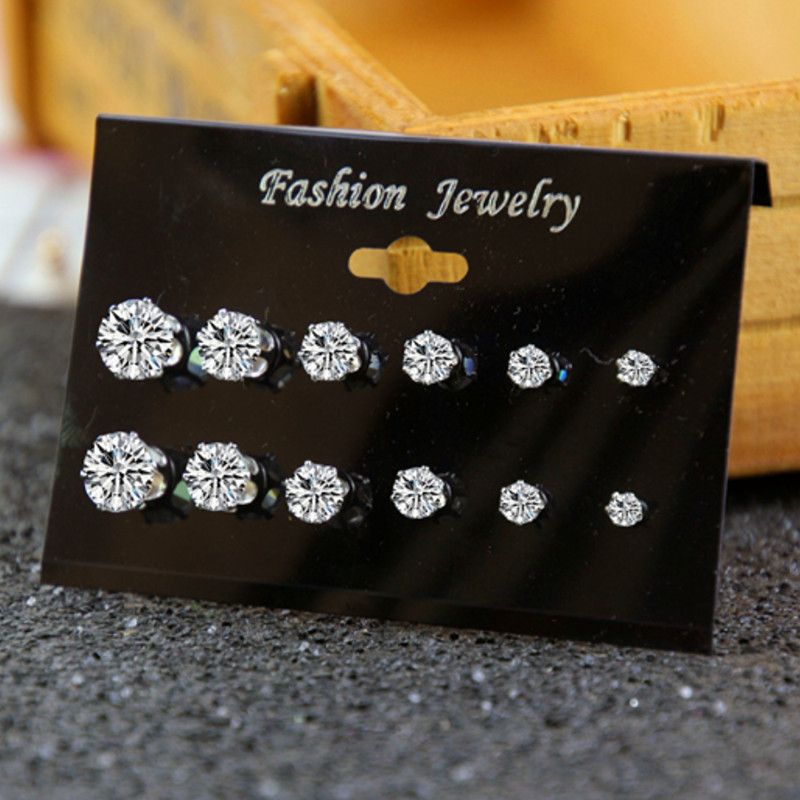 Multi-size Diamond Earrings 6 Pairs Set