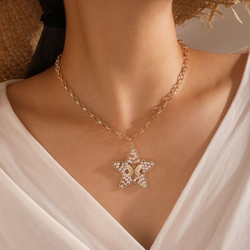 Fashion Butterfly Pearl Hollow Star Chain Necklace
