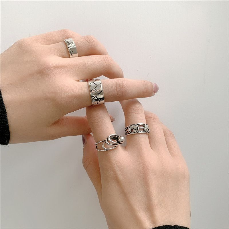 Simple 925 Silver Retro Letter Ring Set
