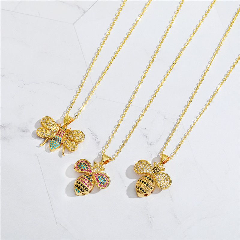 Korean Trendy Cute Personality Colorful Crystals Zircon Bee Pendant Necklace Clavicle Chain Safety Chain Female Cross-border Sold Jewelry