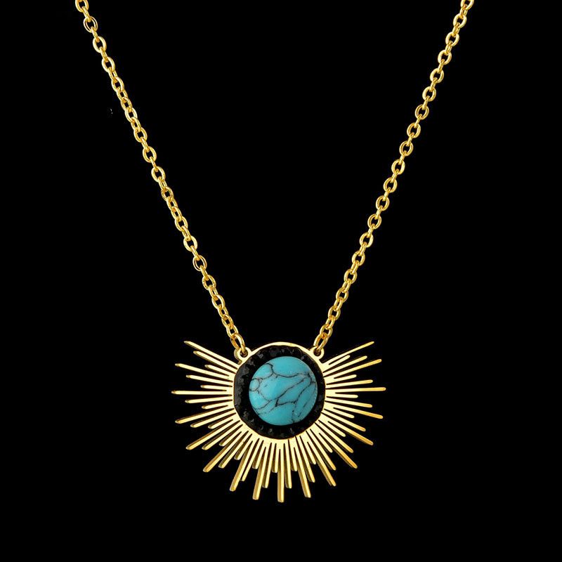 New Stainless Steel 18k Golden Sun Flower Turquoise Necklace