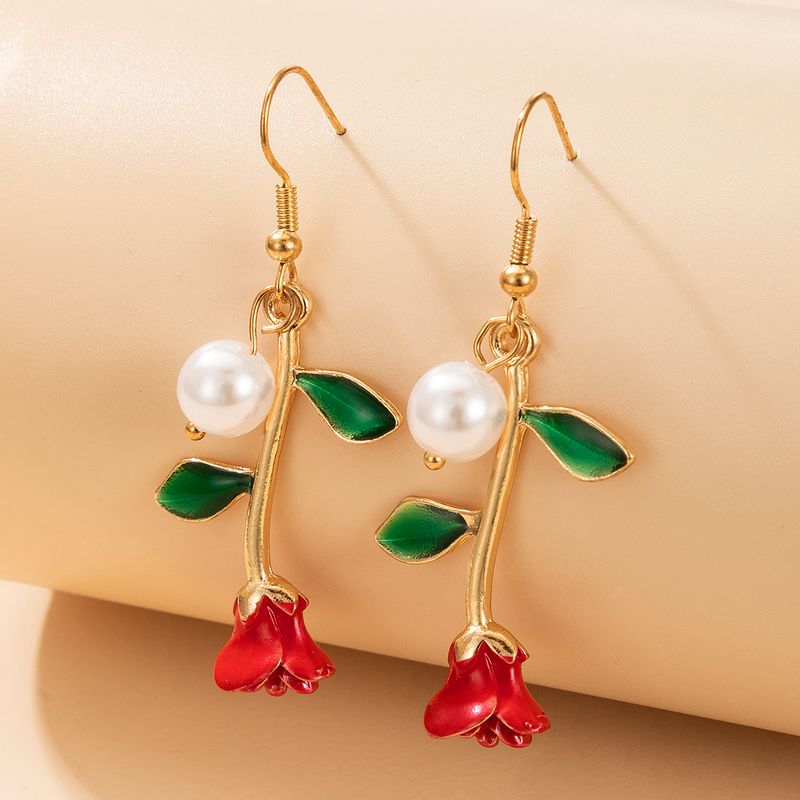 Retro Red Flower Exquisite Pearl Earrings