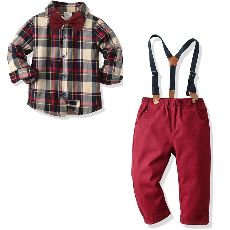 Boy's Check Shirt Neckline Bib Gentleman's Four-piece Set
