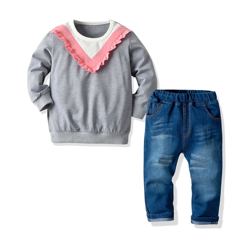 Color Matching Long-sleeved Sweater Stretch Denim Trousers Two-piece