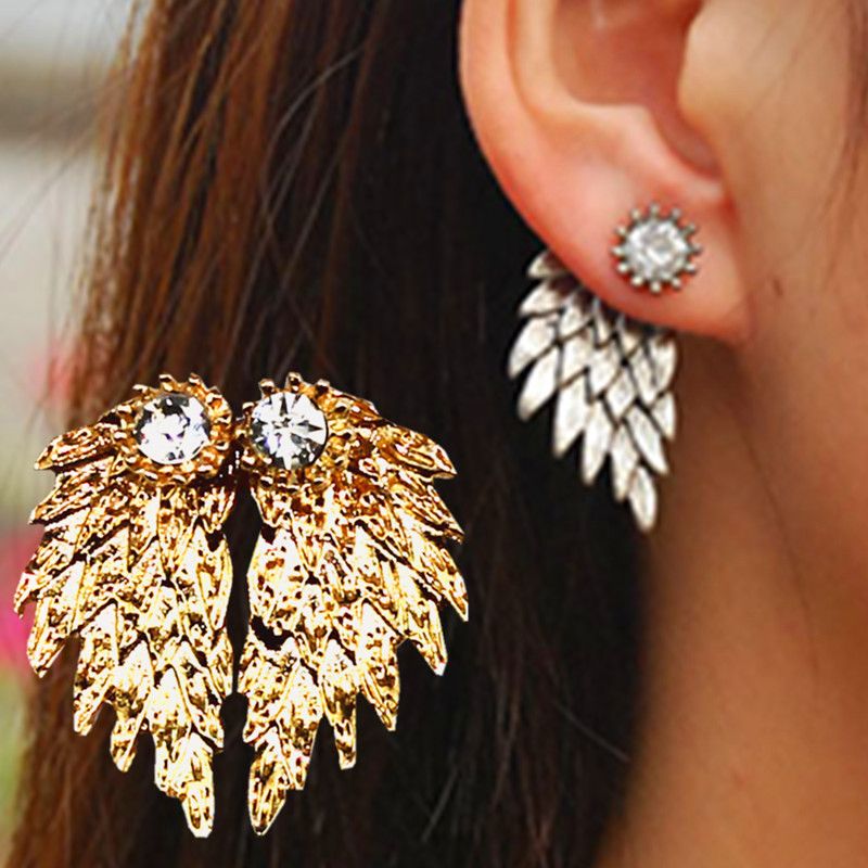 Retro Angel Wings Feather Diamond Alloy Earrings