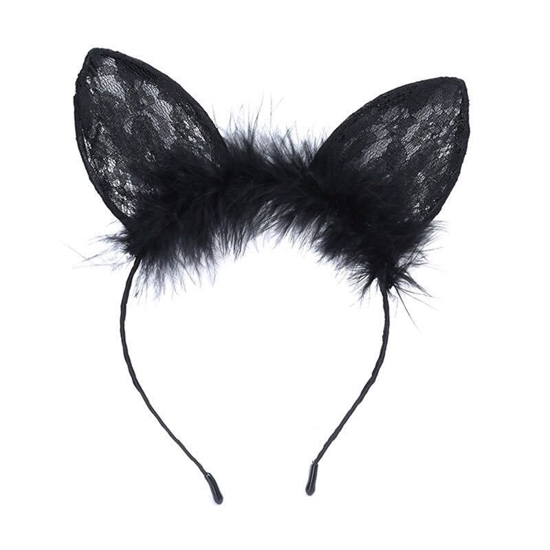New  Feathers  Black Lace  Cat Ears Headband