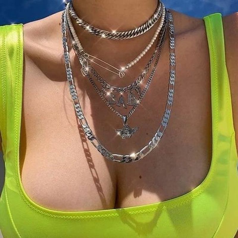 Collar De Mujer De Cadena Multicapa Con Perla De Ángel De Moda