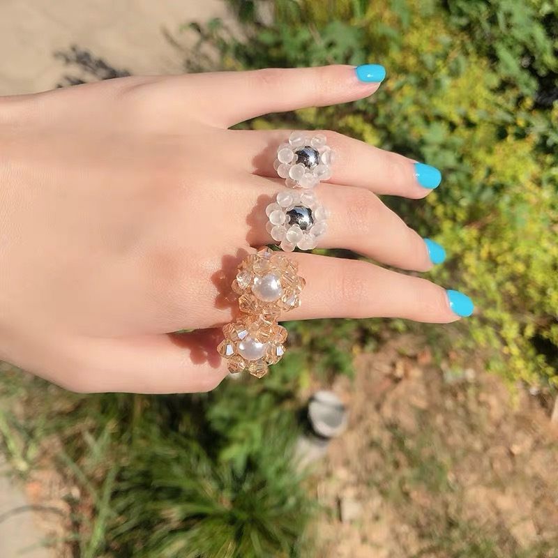 Französische Retro-mode Handgemachte Perlen Kristallglas Perlen Blume Offenen Ring