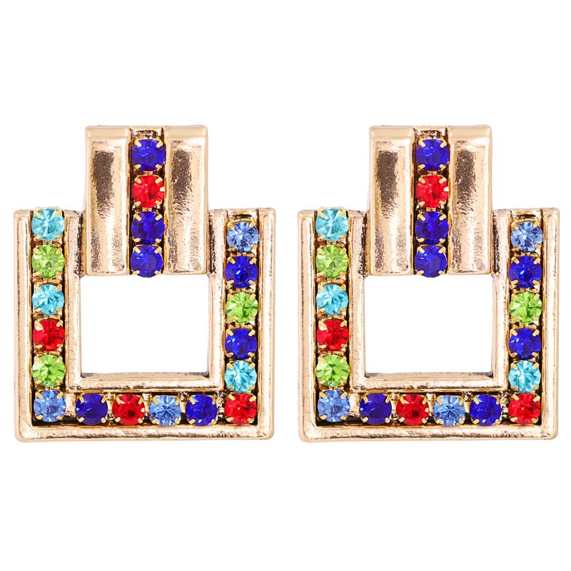 Exaggerated  Square Alloy Diamond-studded Glass Earrings