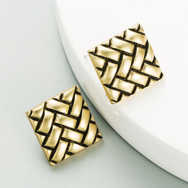 Retro Geometric Button Lattice Bronze Alloy Earrings