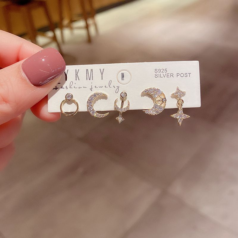 Korean  5 Piece Set Simple  Micro-inlaid Zircon Moon Star Earrings