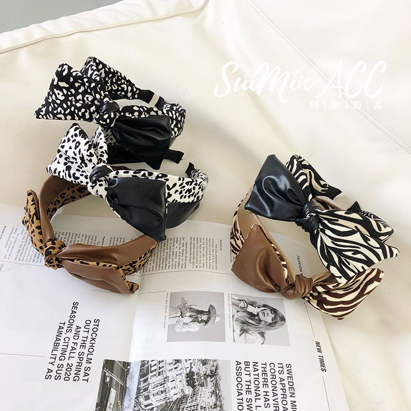 Leopard Bow Pu Leather Stitching Headband