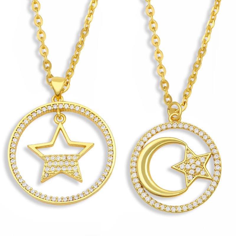 Moon Star Pendant Geometric Round Necklace