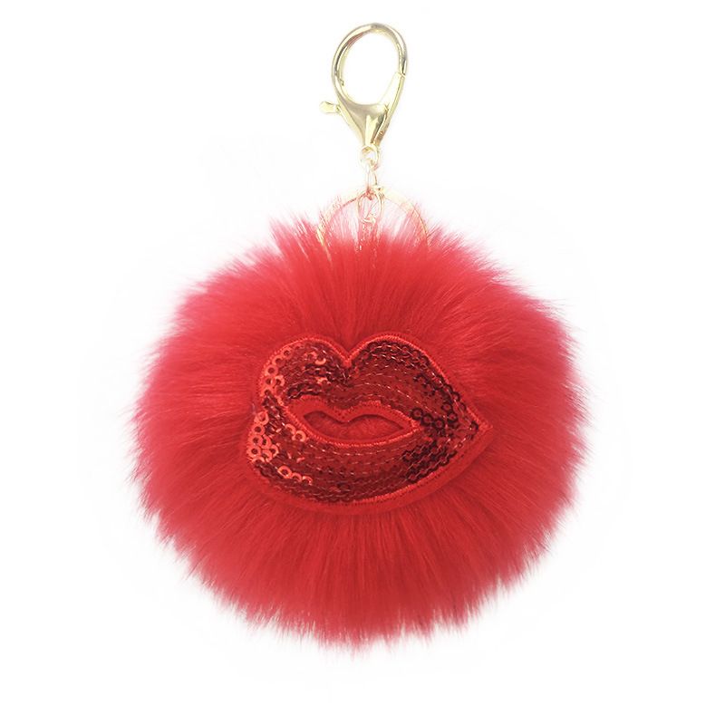 Reflective Sequins Red Lips Fur Ball Keychain