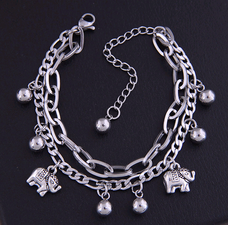 Hip-hop Stainless Steel Bead Baby Elephant Double-layer Bracelet
