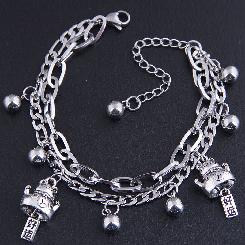 Simple Stainless Steel Beads Lucky Cat Double-layer Bracelet