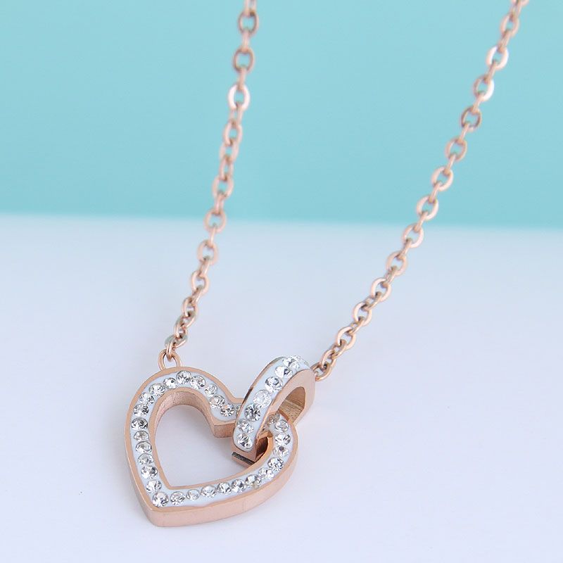 Fashion Sweet Ol Flash Diamond Love Heart Titanium Steel Necklace