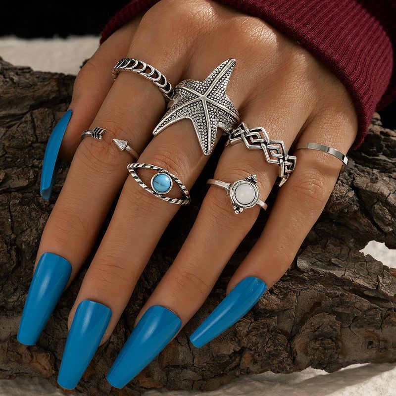 Turquoise Starfish Arrow Open Rings 7-piece Set
