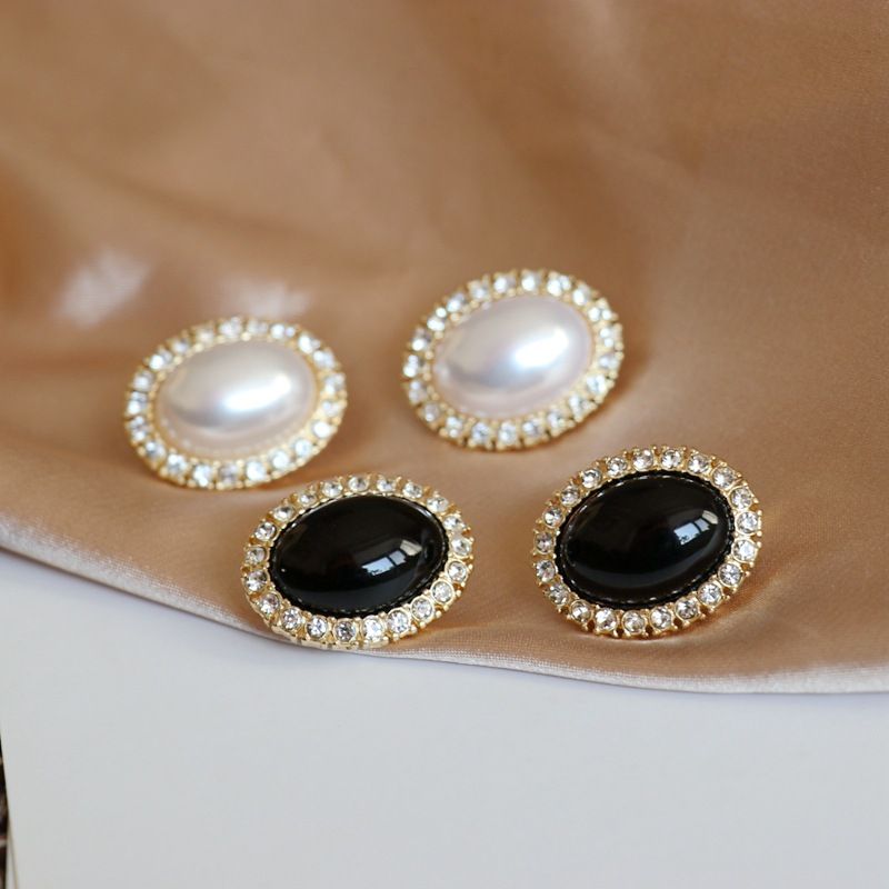 Oval White Black Diamond Earrings