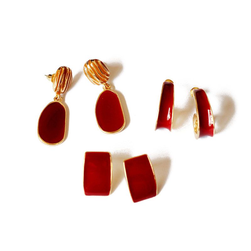 Red Curved Rectangle Earrings