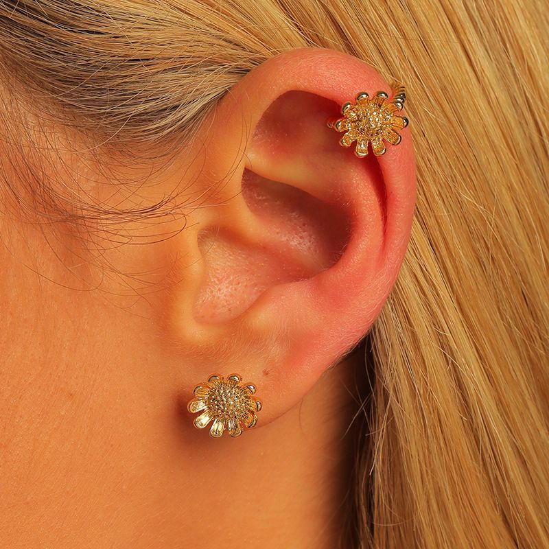 Brass Sunflower Ear Clip Earring Set