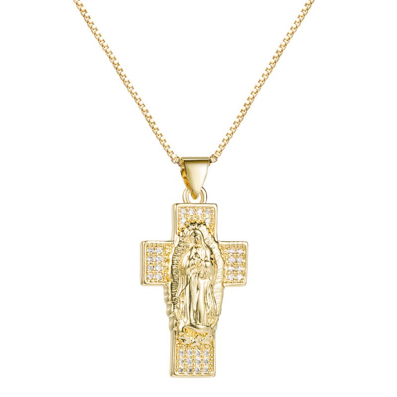 Collar Retro De La Virgen María Con Colgante De Cruz De Cobre Con Incrustaciones De Circonitas