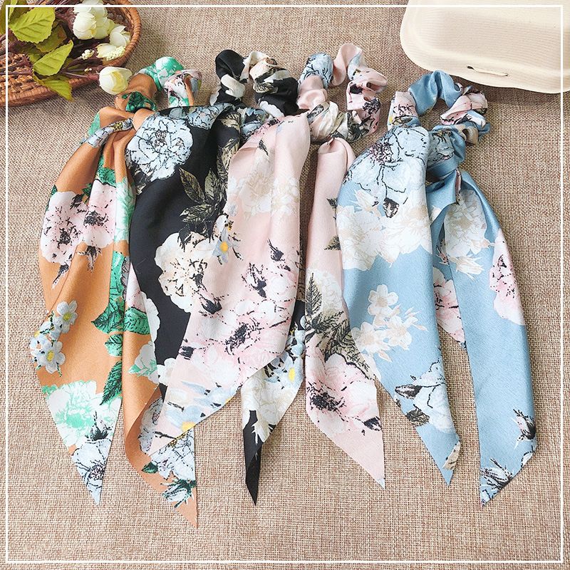 Fashion Simple  Long Ribbon Flowers Hair Scrunchies