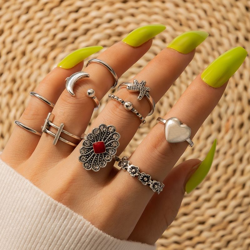 Starfish Love Heart Flower Moon Offener Ring 10-teiliges Set