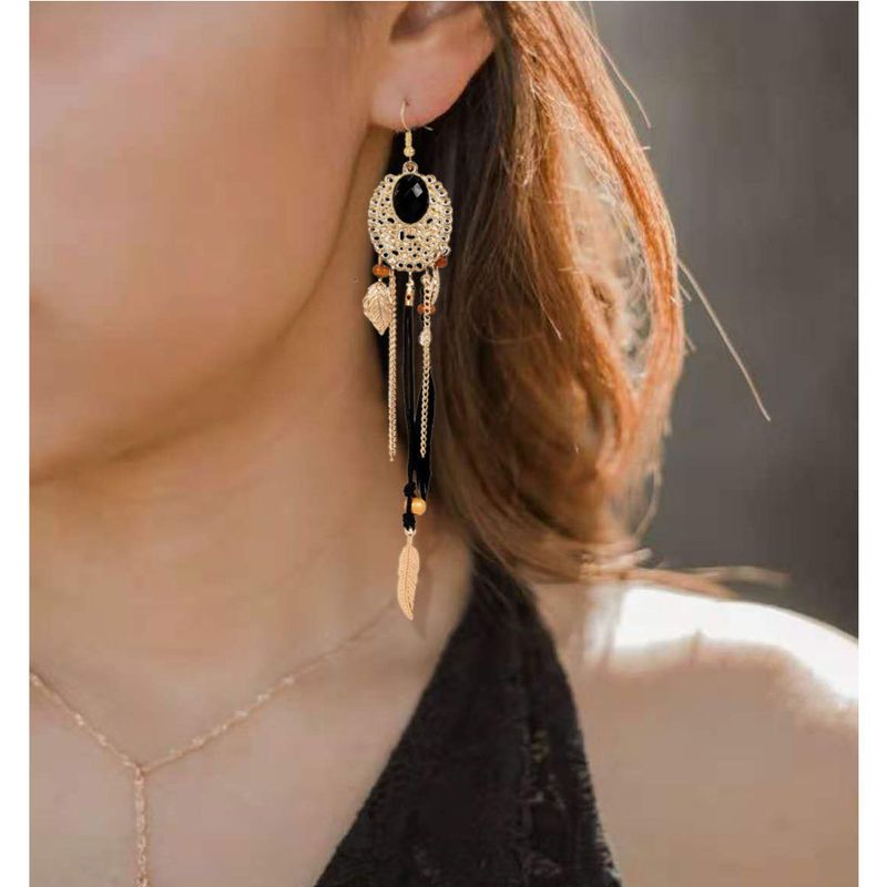 Bohemian Alloy Feather Tassel Long Earrings