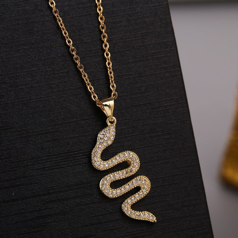 Fashion Long Copper Inlaid Zirconium Zodiac Snake Necklace
