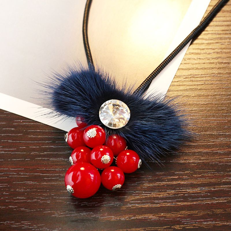 Cute Crystal Plush Red Grape Long Necklace