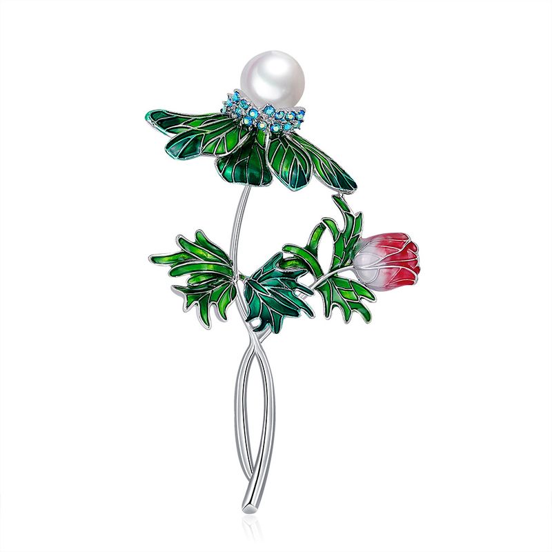 Broche De Aleación De Hoja Verde Con Diamante De Perla Rosa